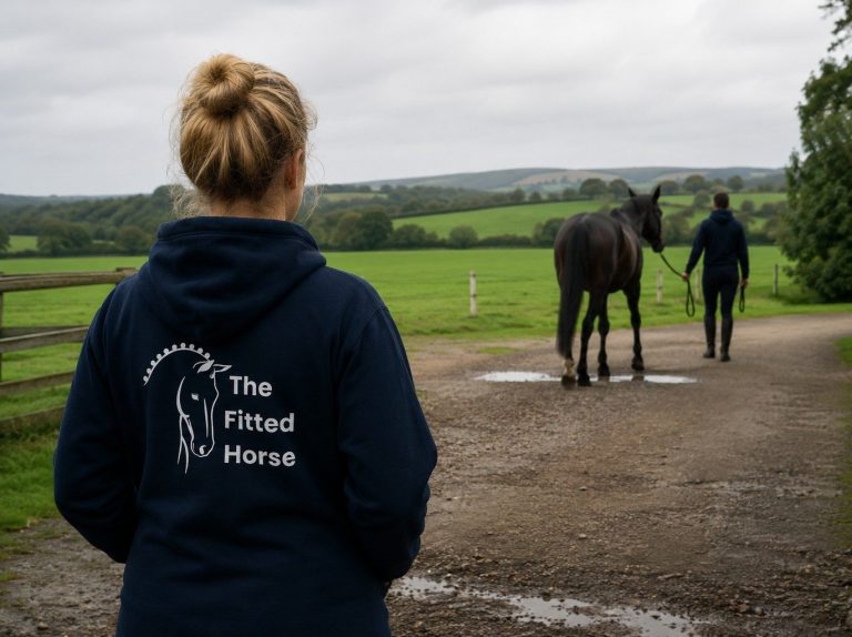 Emma Harris conducting an expert equestrian equipment fitting consultation at a client's yard in Northamptonshire Emma Harris conducting an expert equestrian equipment fitting consultation at a client's yard in Northamptonshire